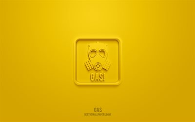 ガス3dアイコン, 黄色の背景, 3Dシンボル, ガス, 警告アイコン, 3D图标, ガスサイン, 警告3Dアイコン, 黄色の警告サイン