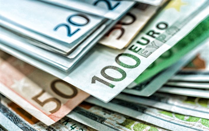 Moeda de euro, notas de 100 euros, fundo de dinheiro, dinheiro europeu, fundo com dinheiro, finan&#231;as, neg&#243;cios