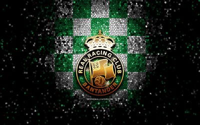 Racing Santander FC, logo de paillettes, La Liga 2, fond quadrill&#233; blanc vert, Segunda, football, club de football espagnol, logo Racing Santander, art de la mosa&#239;que, LaLiga 2, Real Racing