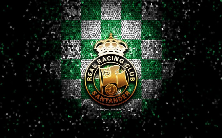 Racing Santander FC, logotipo brilhante, La Liga 2, fundo xadrez branco verde, Segunda, futebol, clube de futebol espanhol, logotipo do Racing Santander, arte em mosaico, LaLiga 2, Real Racing