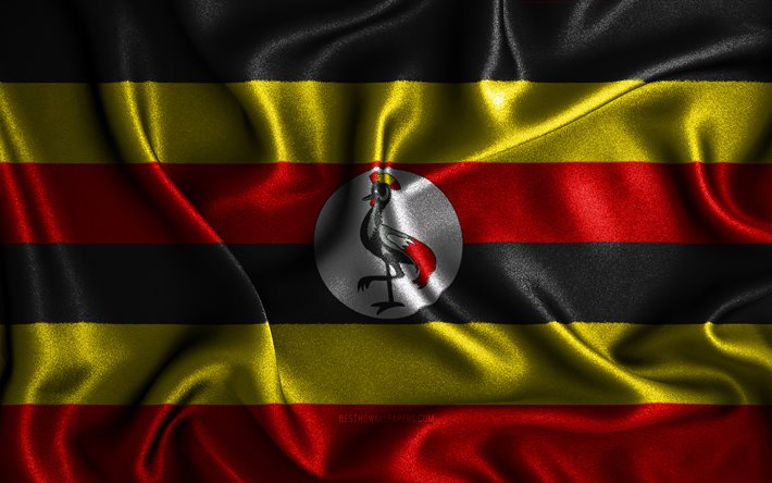 Ugandan lippu, 4k, silkki aaltoilevat liput, Afrikan maat, kansalliset symbolit, kangasliput, 3D-taide, Uganda, Afrikka, Ugandan 3D-lippu