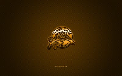 Logo des Tiger-Cats de Hamilton, club de football canadien, LCF, logo jaune, fond en fibre de carbone jaune, football canadien, Hamilton, Canada, Tiger-Cats de Hamilton