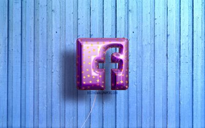 4k, Facebook logosu, mor ger&#231;ek&#231;i balonlar, sosyal ağ, Facebook 3D logo, mavi ahşap arka planlar, Facebook
