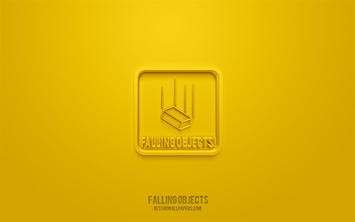 Falling objects 3d icon, yellow background, 3d symbols, Falling objects, Warning icons, 3d icons, Falling objects sign, Warning 3d icons, yellow warning signs
