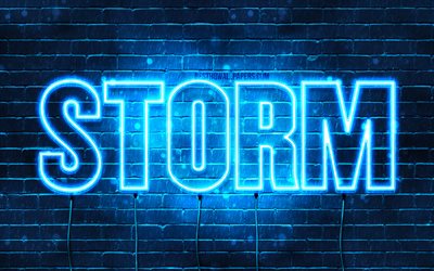 Storm, 4k, fonds d’&#233;cran avec des noms, nom storm, n&#233;ons bleus, Happy Birthday Storm, noms masculins danois populaires, image avec le nom storm