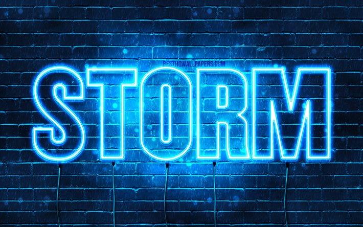 Storm, 4k, bakgrundsbilder med namn, Stormnamn, bl&#229; neonljus, Happy Birthday Storm, popul&#228;ra danska manliga namn, bild med Stormnamn