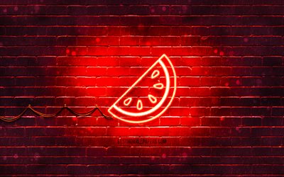 Icona al neon di anguria, 4k, sfondo rosso, simboli al neon, Anguria, creativo, icone al neon, segno di anguria, segni alimentari, icona anguria, icone del cibo