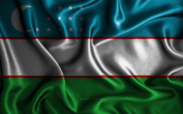 Bandiera uzbeka, 4k, bandiere sventolate di seta, paesi asiatici, simboli nazionali, bandiera dell&#39;Uzbekistan, bandiere di tessuto, arte 3D, Uzbekistan, Asia, bandiera 3D dell&#39;Uzbekistan