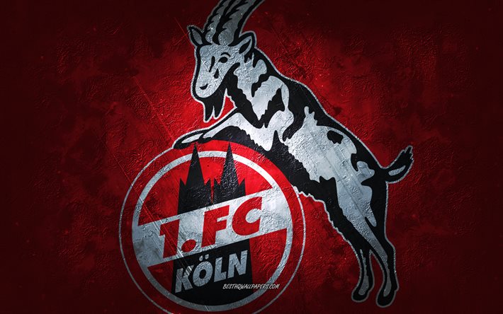 FC Koln, tysk fotbollsklubb, r&#246;d sten bakgrund, FC Koln logotyp, grunge konst, Bundesliga, fotboll, Tyskland, FC Koln emblem