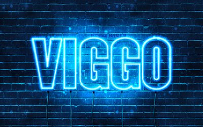Viggo, 4k, pap&#233;is de parede com nomes, nome Viggo, luzes de neon azuis, Feliz Anivers&#225;rio Viggo, nomes masculinos dinamarqueses populares, foto com nome Viggo