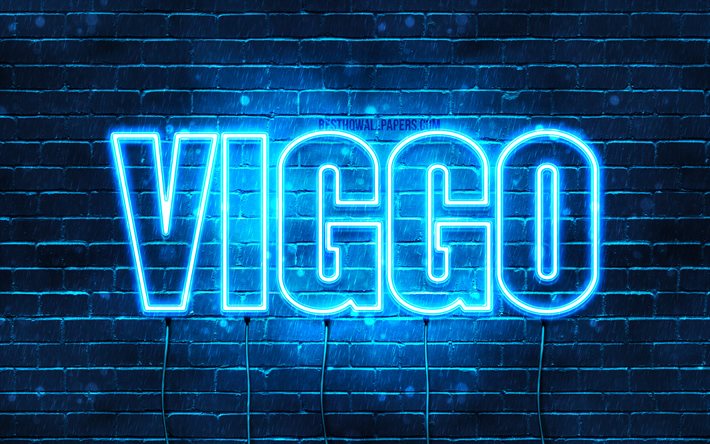 Viggo, 4k, fonds d’&#233;cran avec des noms, nom Viggo, n&#233;ons bleus, Joyeux anniversaire Viggo, noms masculins danois populaires, image avec le nom viggo
