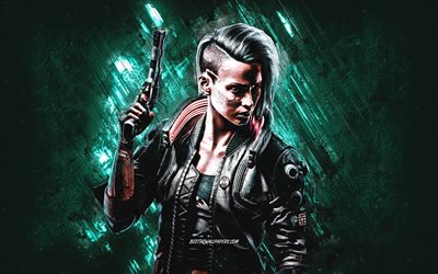 V, Cyberpunk 2077, personagem V feminina, fundo de pedra turquesa, personagens Cyberpunk 2077, arte criativa, Cyberpunk