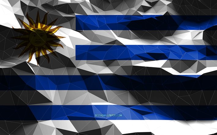 4k, drapeau uruguayen, art poly bas, pays d’Am&#233;rique du Sud, symboles nationaux, drapeau de l’Uruguay, drapeaux 3D, drapeau d’Uruguay, Uruguay, Am&#233;rique du Sud, drapeau 3D d’Uruguay