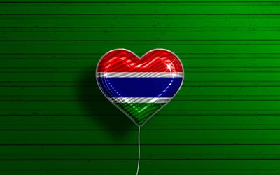 I Love Gambia, 4k, realistic balloons, green wooden background, African countries, Sudanese flag heart, favorite countries, flag of Gambia, balloon with flag, Gambian flag, Gambia, Love Gambia