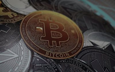 Bitcoin guldmynt, kryptovaluta, bakgrund med bitcoin, elektroniska pengar, bitcoin-tecken