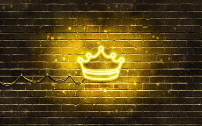 Crown neon icon, 4k, yellow background, neon symbols, Crown, neon icons, Crown sign, computer signs, Crown icon, computer icons