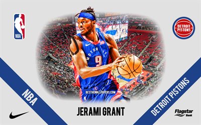 Jerami Grant, Detroit Pistons, American Basketball Player, NBA, portrait, USA, basketball, Little Caesars Arena, Detroit Pistons logo