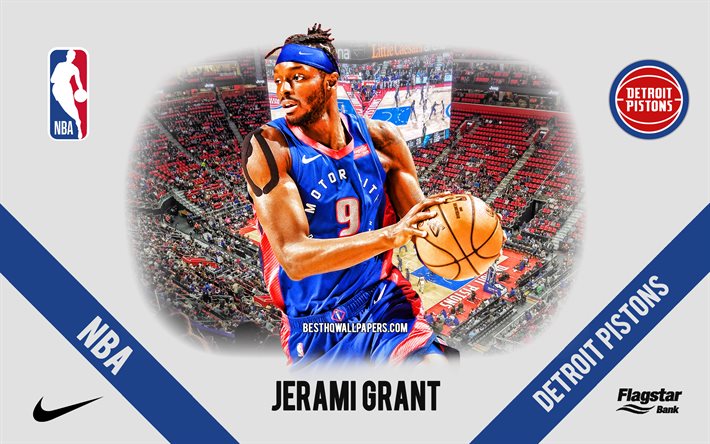 Jerami Grant, Detroit Pistons, Jogador americano de basquete, NBA, retrato, EUA, basquete, Little Caesars Arena, logotipo do Detroit Pistons