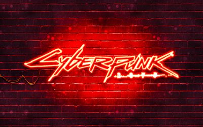 Cyberpunk 2077 punainen logo, 4k, punainen tiilisein&#228;, taideteos, Cyberpunk 2077 logo, RPG, Cyberpunk 2077 neon logo, Cyberpunk 2077