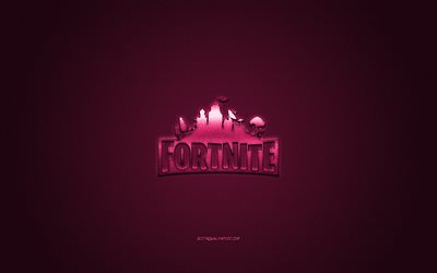 Fortnite, popular game, Fortnite purple logo, purple carbon fiber background, Fortnite logo, Fortnite emblem