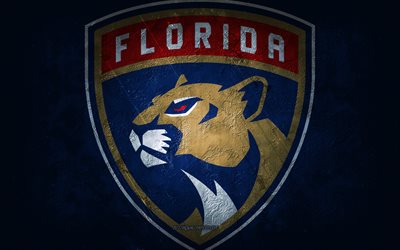 Panthers de la Floride, &#233;quipe de hockey am&#233;ricaine, fond en pierre bleue, logo panthers de la Floride, art grunge, LNH, hockey, &#201;tats-Unis, Panthers de la Floride embl&#232;me