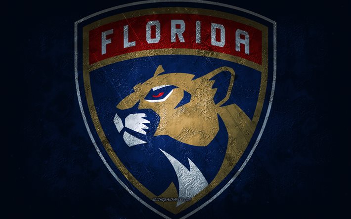 Florida Panthers, amerikansk hockeylag, bl&#229; sten bakgrund, Florida Panthers logotyp, grunge konst, NHL, hockey, USA, Florida Panthers emblem