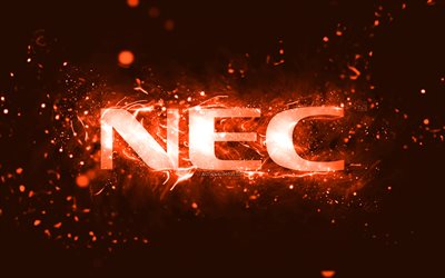 Logo NEC arancione, 4k, luci al neon arancioni, creativo, sfondo astratto arancione, logo NEC, marchi, NEC