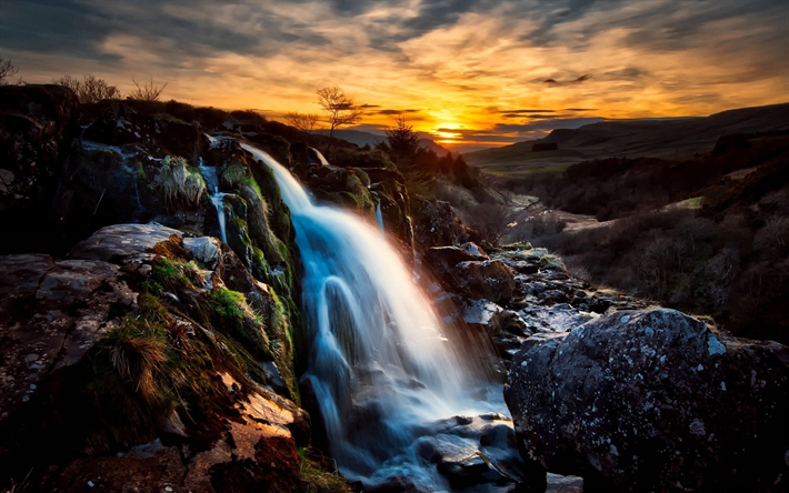 Scotland, sunset, waterfall, mountains, dusk, beautiful nature, Great Britain, United Kingdom, UK