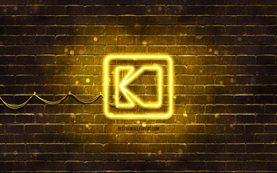 Kodak yellow logo, 4k, yellow brickwall, Kodak logo, brands, Kodak neon logo, Kodak