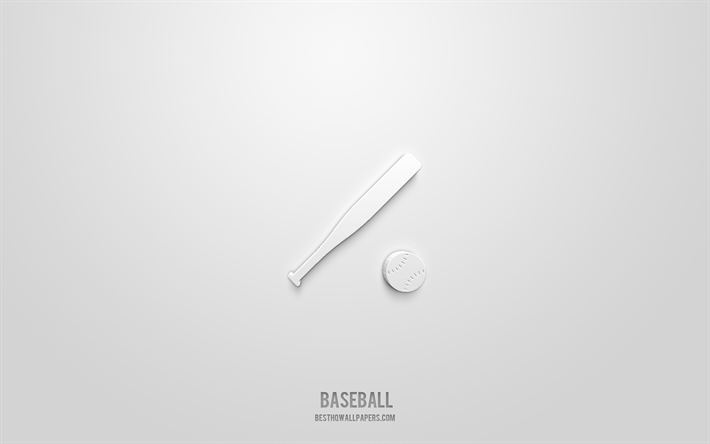 Baseball 3d icon, white background, 3d symbols, Baseball, sport icons, 3d icons, Baseball sign, sport 3d icons