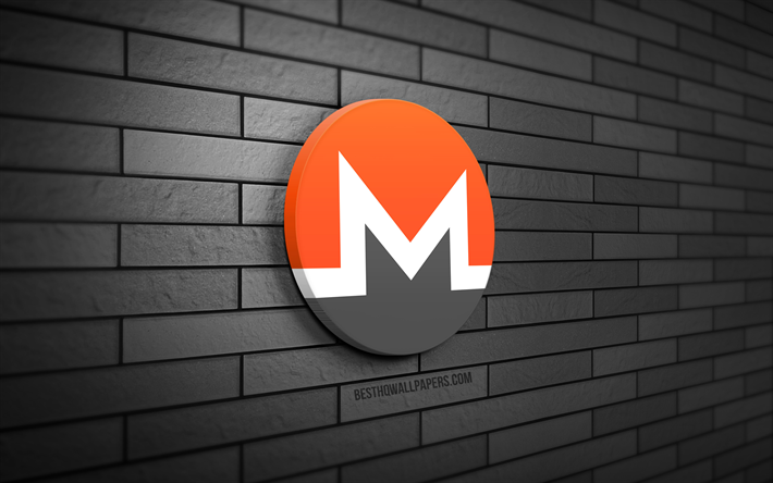 Monero 3D logo, 4K, gray brickwall, creative, cryptocurrency, Monero logo, 3D art, Monero