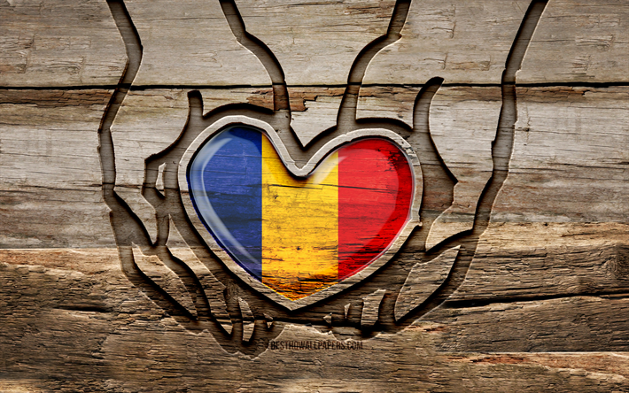 Amo la Romania, 4K, mani di intaglio del legno, Giorno della Romania, Bandiera della Romania, creativo, Bandiera della Romania in mano, Prenditi cura della Romania, intaglio del legno, Europa, Romania