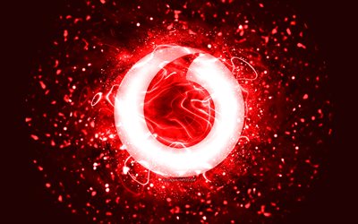 Logo rosso Vodafone, 4k, luci al neon rosse, creativo, sfondo astratto rosso, logo Vodafone, marchi, Vodafone