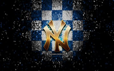 New York Yankees emblem, glitter logo, MLB, blue white checkered background, american baseball team, Major League Baseball, mosaic art, baseball, New York Yankees, NY Yankees