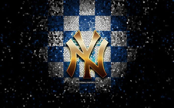 ダウンロード画像 ニューヨークヤンキースのエンブレム キラキラロゴ Mlb 青白の市松模様の背景 アメリカの野球チーム 大リーグ モザイクアート 野球 ニューヨーク ヤンキース Nyヤンキース フリー のピクチャを無料デスクトップの壁紙