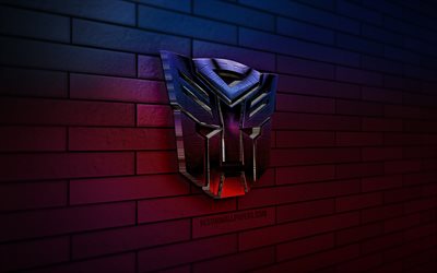 Logo Transformers 3D, 4K, muro di mattoni viola, creativo, supereroi, logo Transformers, arte 3D, Transformers