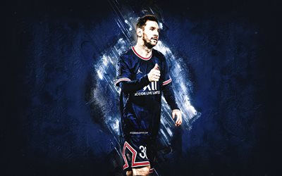 Lionel Messi, PSG, portrait, football superstar, Paris Saint Germain, grunge blue background, Ligue 1, Leo Messi, football