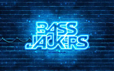 Bassjackers blue logo, 4k, superstars, dutch DJs, blue brickwall, Bassjackers logo, Marlon Flohr, Ralph van Hilst, Bassjackers, music stars, Bassjackers neon logo