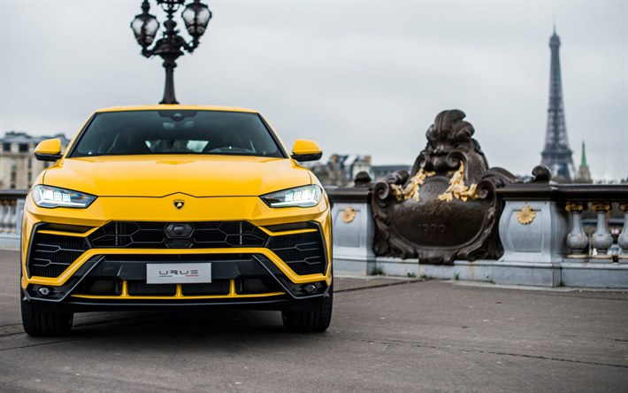 2018, Lamborghini Urus, exterior, amarelo esportivos SUV, carros de luxo, amarelo Urus, Italiano SUVs, Torre Eiffel, Paris, Lamborghini