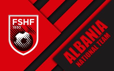 Albanian jalkapallomaajoukkue, 4k, tunnus, materiaali suunnittelu, punainen musta abstraktio, logo, jalkapallo, Albania, vaakuna