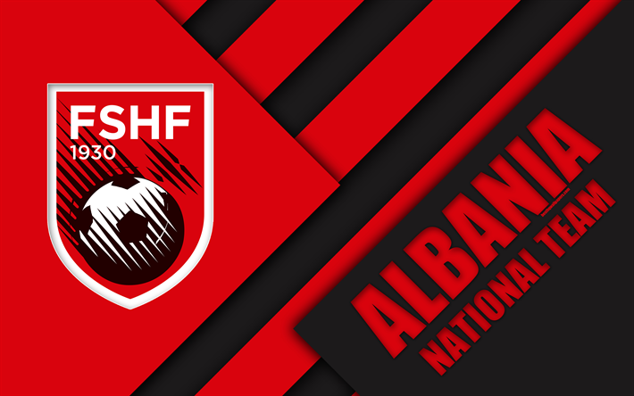 Albania national football team, 4k, emblem, material design, red black abstraction, logo, football, Albania, coat of arms