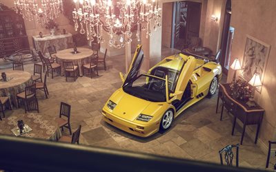 Lamborghini Diablo, S&#252;per, sarı spor araba, lambo kapıları, fotoğraf &#231;ekimi, retro spor araba, Sarı Diablo, Lamborghini