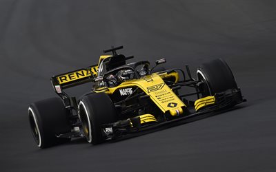 Nico Hulkenberg, 4k, Renault RS 18, pista de carreras, F&#243;rmula Uno, 2018 autos, F1, Formula 1, HALO, Renault F1