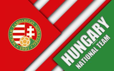 Unkarin jalkapallomaajoukkue, 4k, tunnus, materiaali suunnittelu, punainen vihre&#228; abstraktio, logo, jalkapallo, Unkari, vaakuna