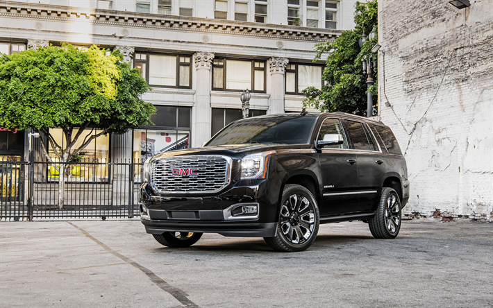 GMC Yukon Denali, 4k, Katumaasturit, 2018 autoja, Ultimate Musta, amerikkalaisten autojen, musta Yukon Denali, GMC