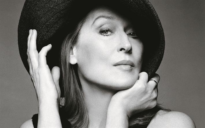 Meryl Streep, fotoğraf &#231;ekimi, 4k, Amerikalı oyuncu, portre, siyah beyaz, siyah beyaz fotoğraf, Mary Louise Streep