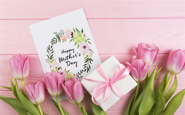El d&#237;a de las madres, 2018, tarjeta de felicitaci&#243;n, rosa tulipanes, flores de la primavera, regalo, rosa lazo de seda, flores de color rosa