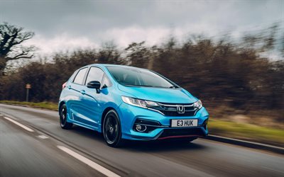 Honda Jazz Sport, 4k, 2018 autoja, tie, motion blur, blue Jazz Sport, Honda