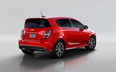 Chevrolet Sonic, 2018, 4k, exterior, rear view, red hatchback, red new Sonic, American cars, Chevrolet