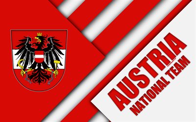 Austria national football team, 4k, emblem, material design, red white abstraction, logo, football, Austria, coat of arms